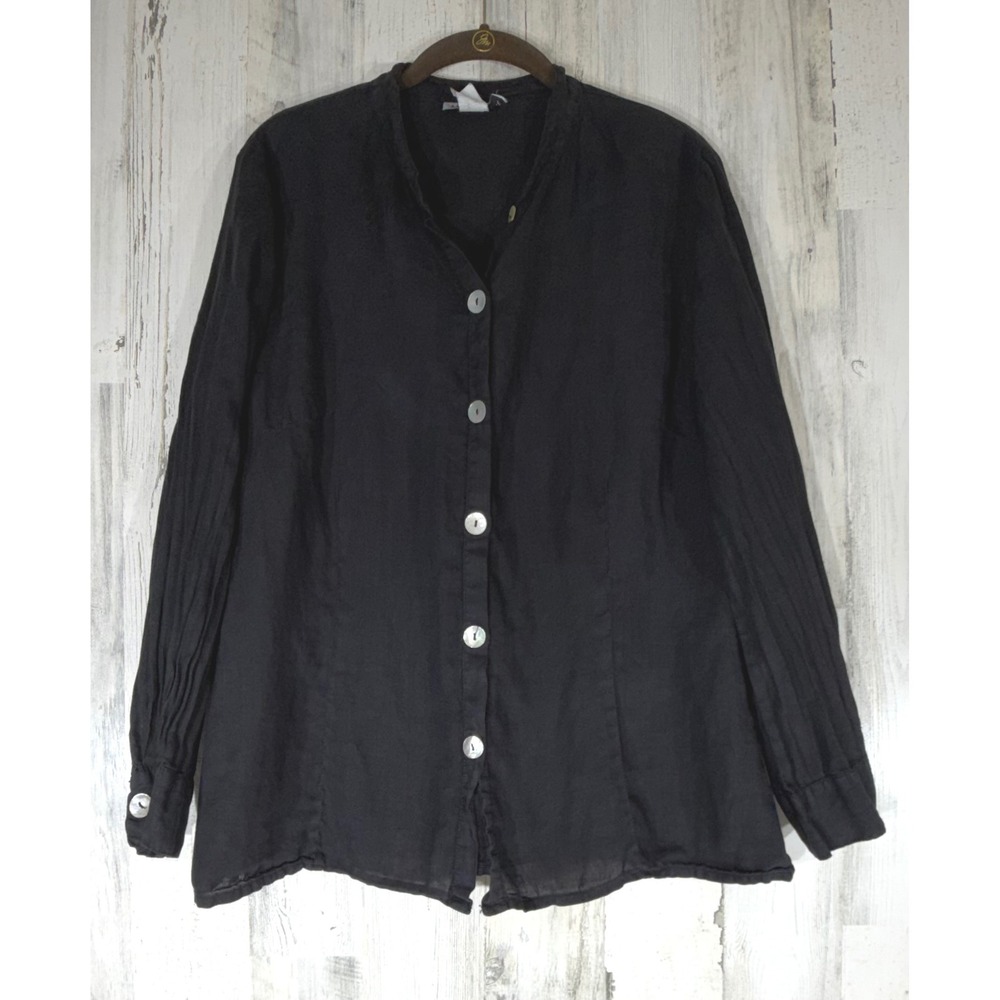 Match Point Linen Button Down Blouse Medium Black Banded Collar Lightweight USA